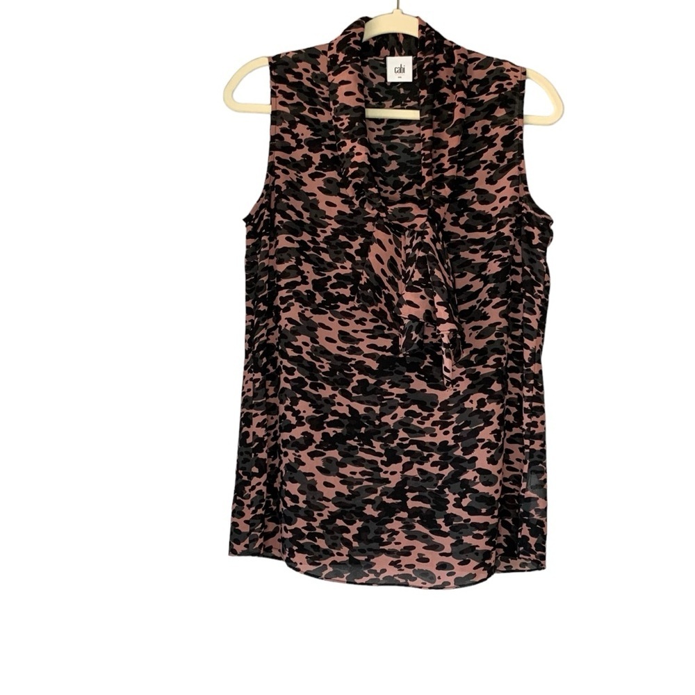 CAbi style#3075 camo/leopard print sleeveless blouse with tie. Size S